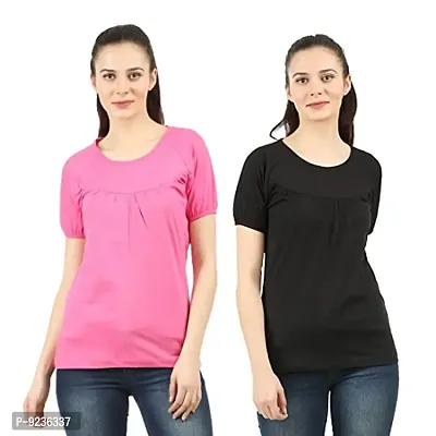 CHECKERSBAY Womens Cotton T-Shirt (2LT-CC-PIBL Pink,Black)