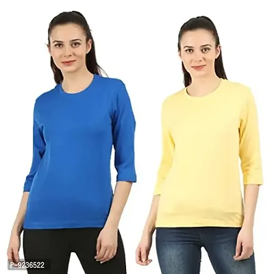 CHECKERSBAY Womens Cotton T-Shirt(2LT-AA-RBYE Royal Blue,Yellow) Pack of 2