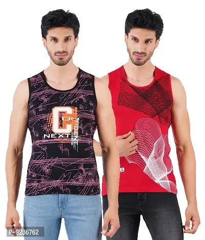 CHECKERSBAY Mens Printed Cotton Jersey Sleeveless T Shirt (Small, Black,RED)-thumb0