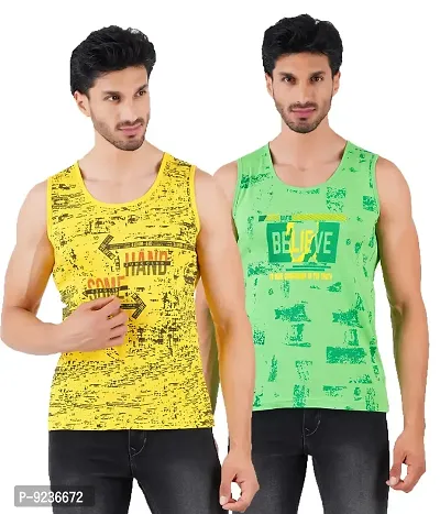 CHECKERSBAY Mens Printed Cotton Jersey Sleeveless T Shirt (Large, Yellow,Green)