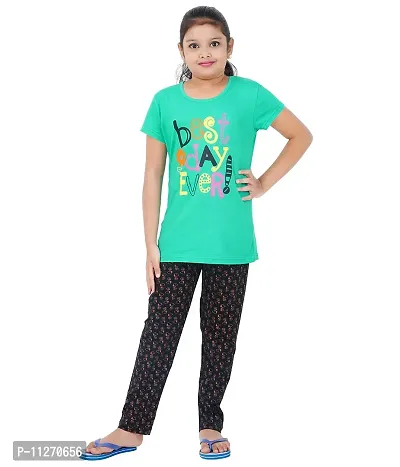 DELEDA Girls Night Suit, top with Front Print and Long Pyjama Pant in Allover Print (11-12 Years, Green)