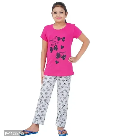 DELEDA Girls Night Suit, top with Front Print and Long Pyjama Pant in Allover Print (5-6 Years, Pink)-thumb0