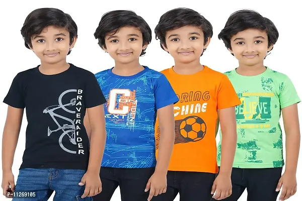 DELEDA Boys & Girls Printed Cotton Jersey T Shirt Pack of 4(Black,Royal Blue,Orange,Green, 5-6 Years)-thumb0