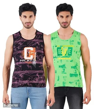 CHECKERSBAY Mens Printed Cotton Jersey Sleeveless T Shirt (Large, Black,Green)