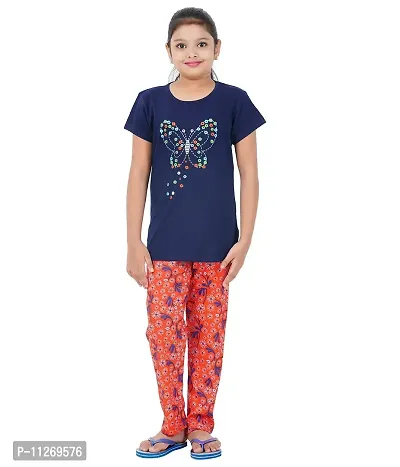 DELEDA Girls Night Suit, top with Front Print and Long Pyjama Pant in Allover Print (13-14 Years, Navy)