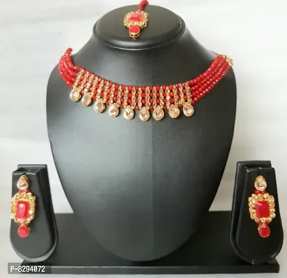 Elegant Alloy Golden Necklace with Earrings and Mang Tikka