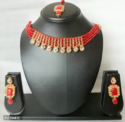 Elegant Alloy Golden Necklace with Earrings and Mang Tikka-thumb0