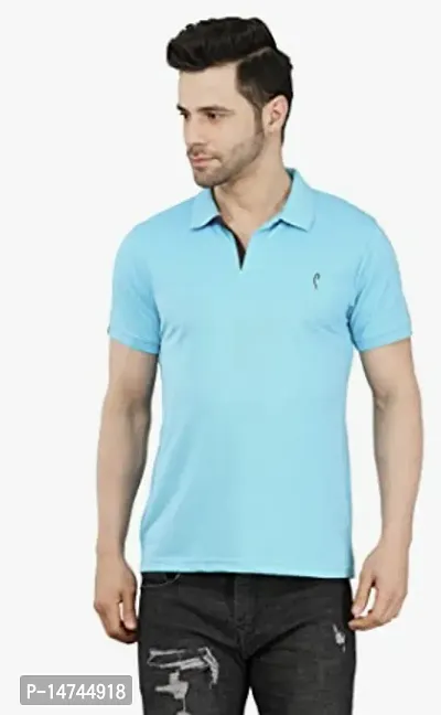 Reliable Blue Cotton Blend Solid Polo T-Shirt For Men-thumb0