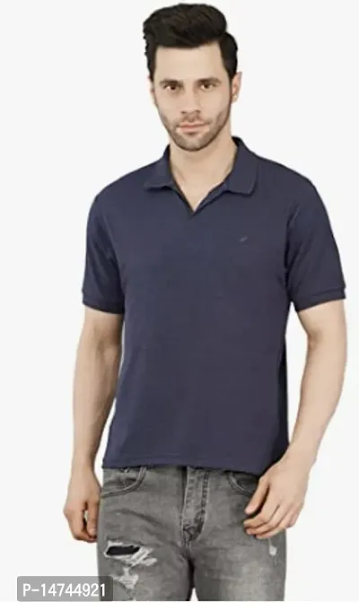 Reliable Navy Blue Cotton Blend Solid Polo T-Shirt For Men-thumb0