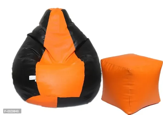 Leatherette Bean Bag Cover and Puffy Cover (Without Beans, Cover Only) Orange  Black-thumb0