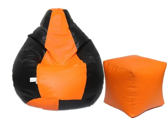 Leatherette Bean Bag Cover and Puffy Cover (Without Beans, Cover Only) Orange  Black