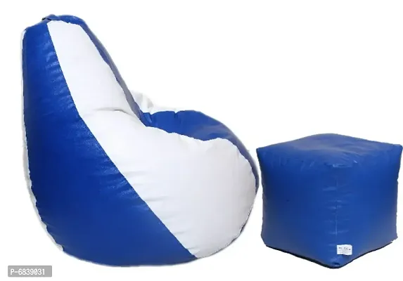 Leatherette Bean Bag Cover and Puffy Cover (Without Beans, Cover Only) Blue  White-thumb3