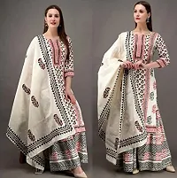 Femezone Women's Cotton Printed Kurti Sharara and Dupatta Set(Cream)-thumb3