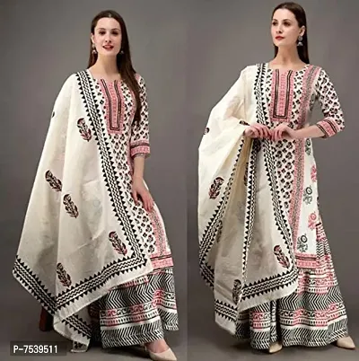 Femezone Women's Cotton Printed Kurti Sharara and Dupatta Set(Cream)-thumb5