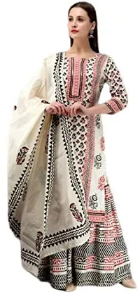 Femezone Women's Cotton Printed Kurti Sharara and Dupatta Set(Cream)-thumb1