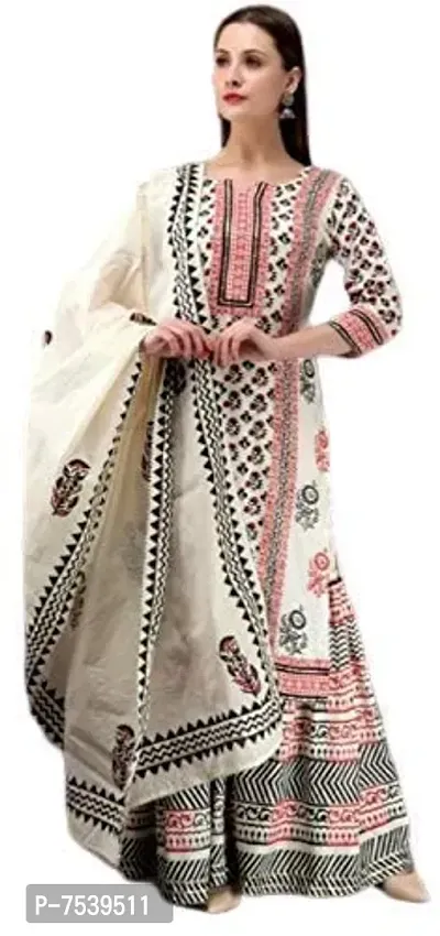 Femezone Women's Cotton Printed Kurti Sharara and Dupatta Set(Cream)-thumb2