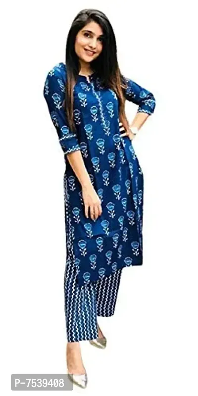 Femezone Women's Cotton Printed Kurti Pant Set(Indigo)-thumb0