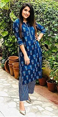 Femezone Women's Cotton Printed Kurti Pant Set(Indigo)-thumb3