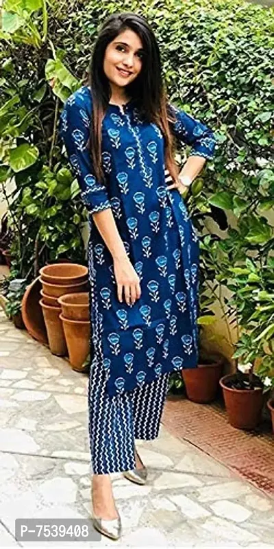 Femezone Women's Cotton Printed Kurti Pant Set(Indigo)-thumb4