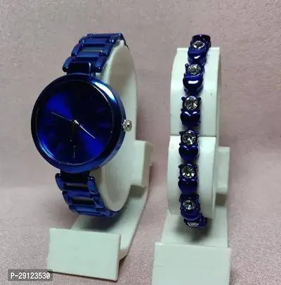 Stylish Blue Metal Analog Watch With Bracelet For Women-thumb0