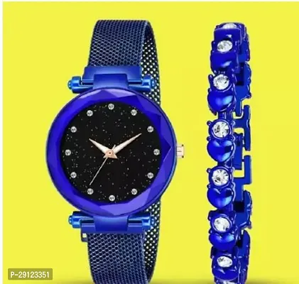 Stylish Blue Synthetic Leather Analog Watch With Bracelet For Women