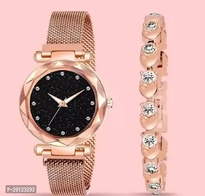 Stylish Golden Synthetic Leather Analog Watch With Bracelet For Women