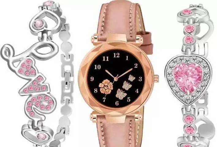 Stylish Synthetic Leather Analog Watch With Bracelet For Women