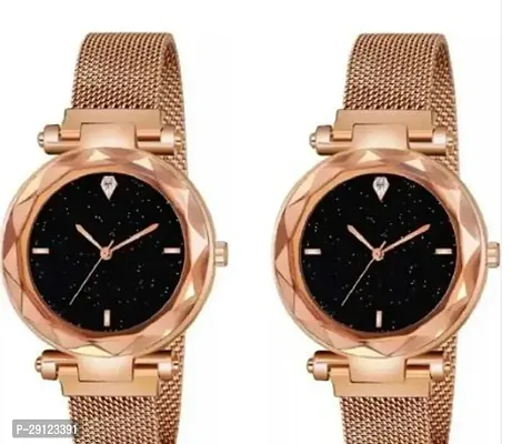 Stylish Golden Metal Analog Watches For Women Pack Of 2-thumb0