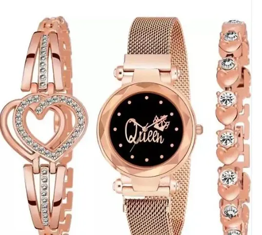 KIARVI GALLERY Branded Queen Dial Magnet Strap Analog Watch for Girls or Women and Present Gift 2 Bracelet Combo for Girls and Women(Combo of 3)