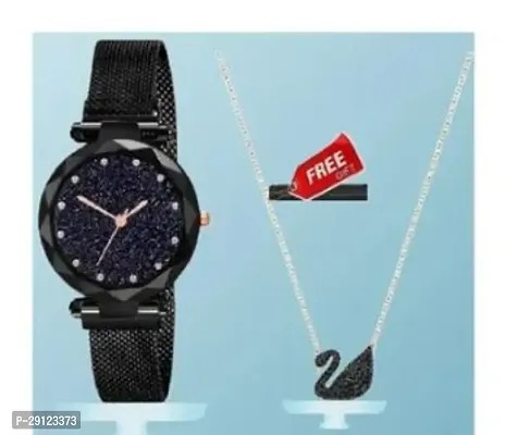 Stylish Black Alloy Analog Watch With Pendant For Women