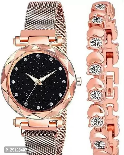 Stylish Golden Metal Analog Watch With Bracelet For Women-thumb0