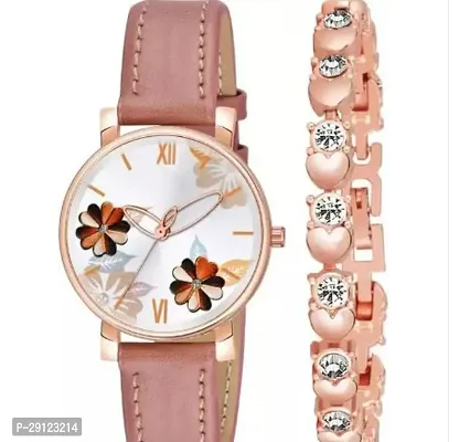 Stylish Pink Synthetic Leather Analog Watch With Bracelet For Women-thumb0