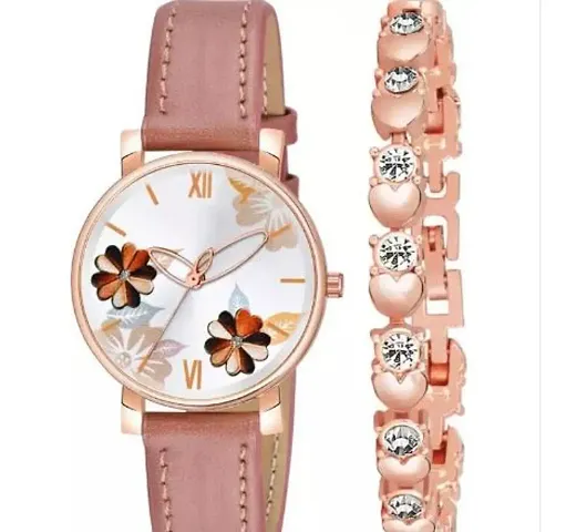 KIARVI GALLERY Casual Flower Designer Leather Strap Analog Watch and Present Gift Bracelet Combo for Girls and Women(Grey - Pack or 2)