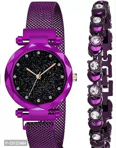 Stylish Purple Metal Analog Watch With Bracelet For Women