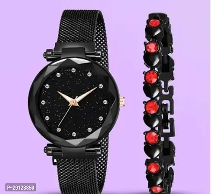 Stylish Black Synthetic Leather Analog Watch With Bracelet For Women-thumb0