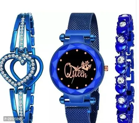 Stylish Blue Metal Analog Watch With Bracelet For Women