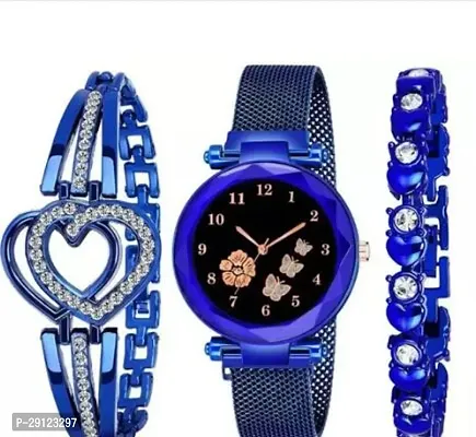 Stylish Blue Metal Analog Watch With Bracelet For Women