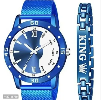 Stylish Blue PU Analog Watch With Bracelet Combo For Men
