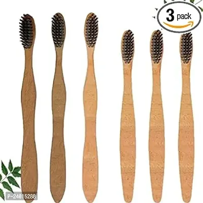 Organic Neem Toothbrush - Pack Of 3 Kids + 3 Adult, Charcoal Activated Soft Bristles, Biodegradable, Eco-Friendly, Wooden Brush-thumb0