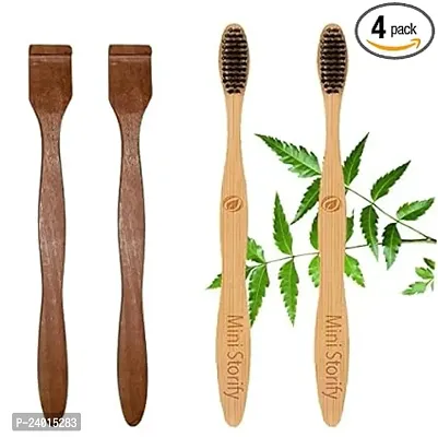 Organic 2.Adult Bamboo Tooth Brush - Charcoal Soft Bristles, Natural, Oral Cleaning, Eco-Friendly | 2.Pure Neem Wood Tongue Cleaner/Tongue Scraper For Adults And Kids (Pack Of 4)