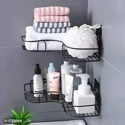 EVOFOX Metal Corner Shelf Kitchen  Bathroom Corner Rack Steel Wall Shelf Sticker Rack Shower Caddy (Black)(Pack of 2)-thumb0