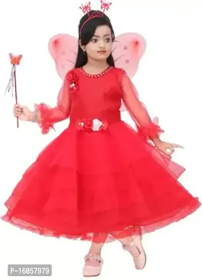 APNA COLLECTION Girls Kids Full Sleeve Pari Dress (7-8 Years, Red)-thumb0