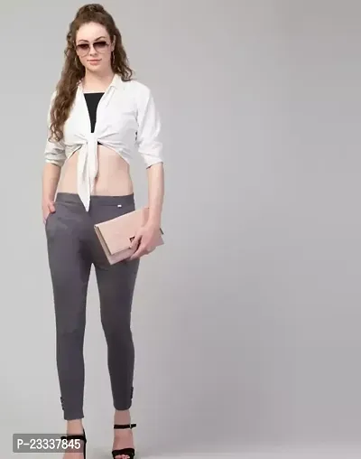 Elegant Grey Cotton Solid Trousers For Women
