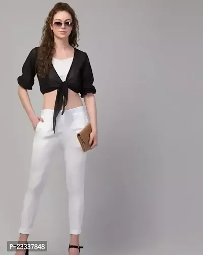 Elegant White Cotton Solid Trousers For Women