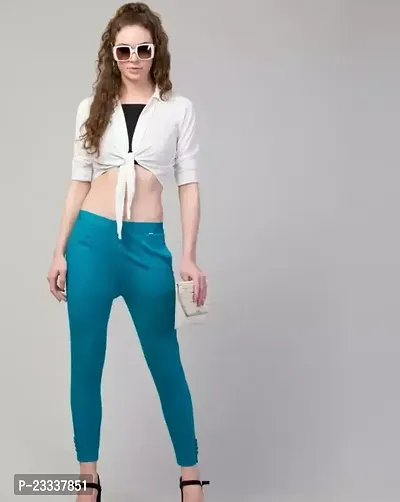 Elegant Turquoise Cotton Solid Trousers For Women