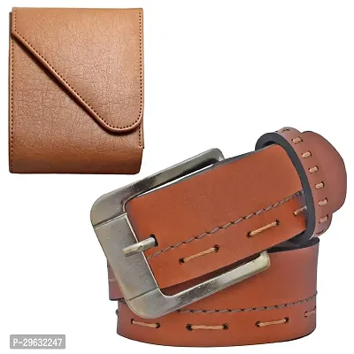 Elegant Artificial Leather Solid Wallet with Belt For Men- 2 Pieces