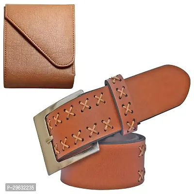 Elegant Artificial Leather Solid Wallet with Belt For Men- 2 Pieces