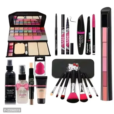 Women's  Girl's TYA 6155 Makeup Kit with 7 Black Makeup Brushes, 1 Lipstick, Fixer, Primer, Contour, Foundation, 3in1 Eye Combo, 36H, Kajal and 1 Beauty Blender - (Pack of 19)