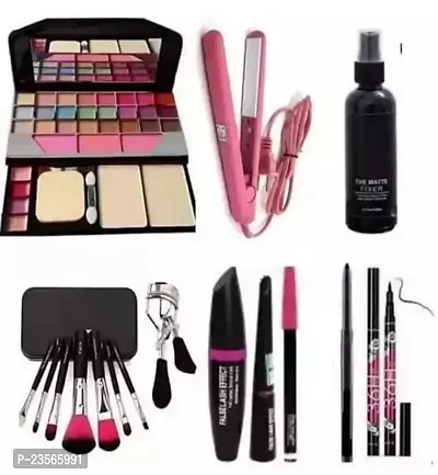 Women's  Girl's TYA 6155 Multicolor Makeup Kit with 7 Black Makeup Brushes Set, 1 Mini Hair Straightener, 1 Matte Fixer Spray, 3in1 Eyeliner Combo, 36H, Kajal and 1 Curler - (Pack of 16)