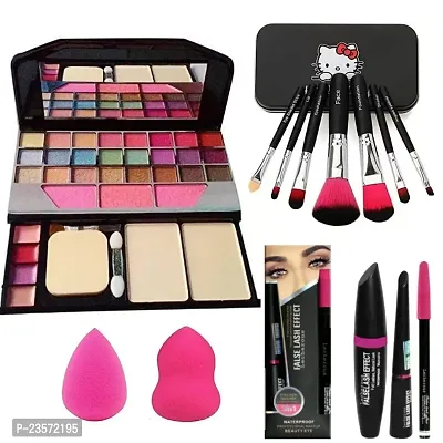 BOW  BLUSH TYA 6155 Multicolor Makeup Kit and 7 Black Makeup Brushes, 3in1 Eyeliner, Macara, Kajal with 2 Pink Beauty Blenders - (Pack of 13)